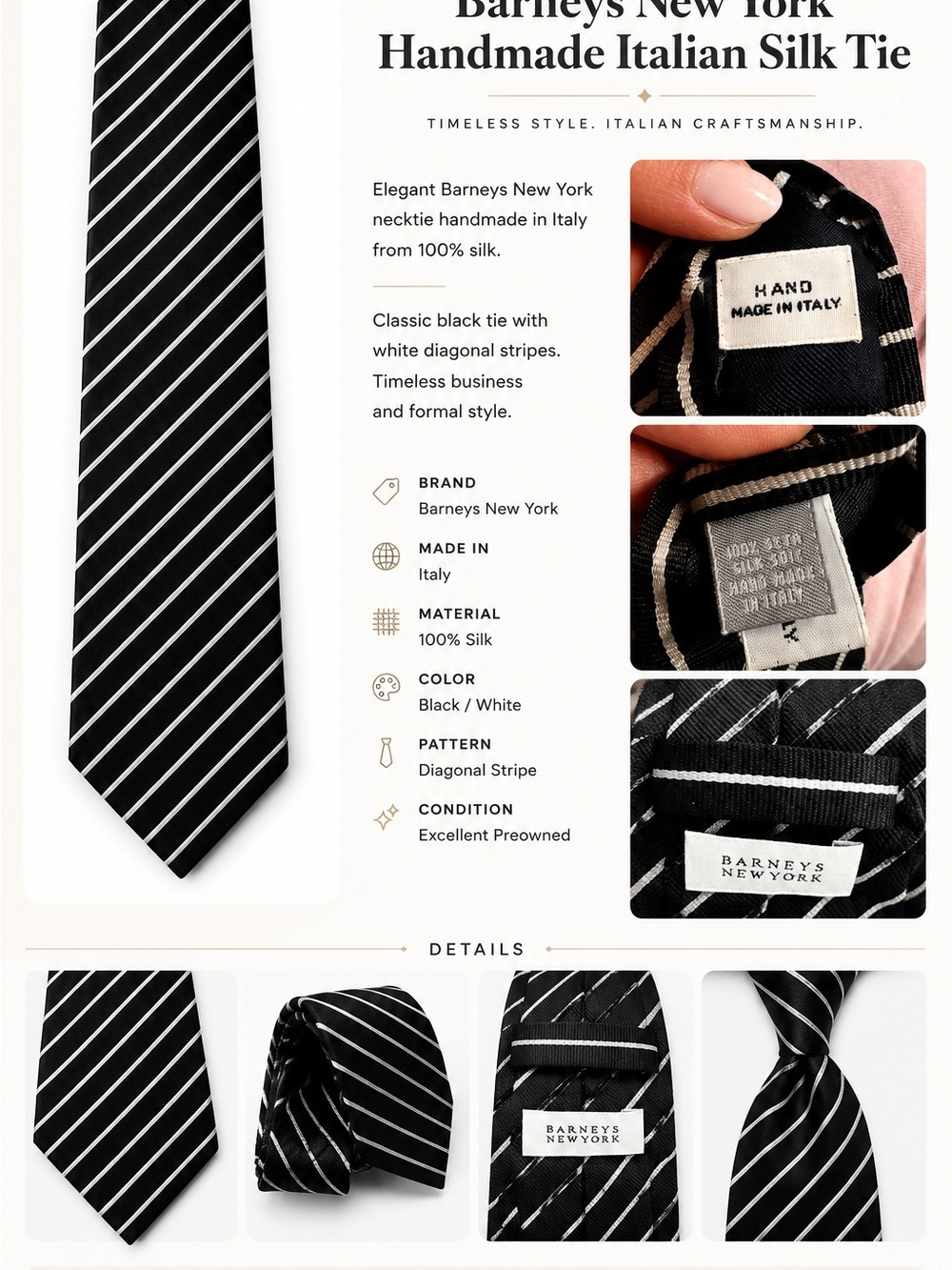 Barneys New York Handmade Italian Silk Tie Black White Stripe Classic Mens